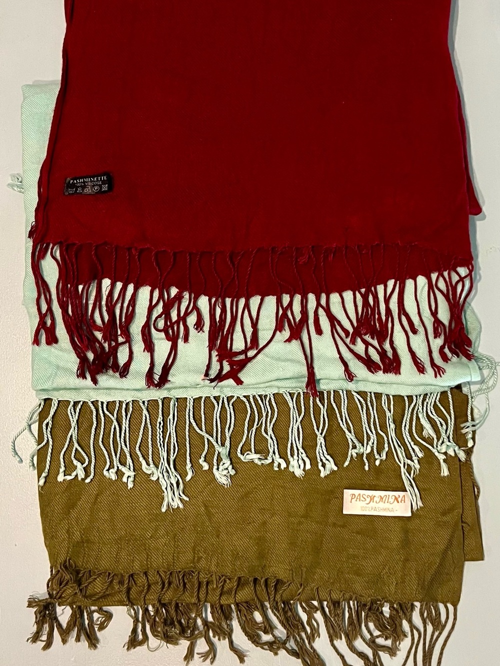 Pashminette Women’s (Set of 3) Pashmina Scarf Burgundy Olive Solid Fringe 64x28